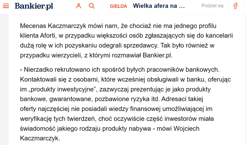 Screen publikacji Bankier.pl, m.in. w sprawie restrukturyzacja Aforti.