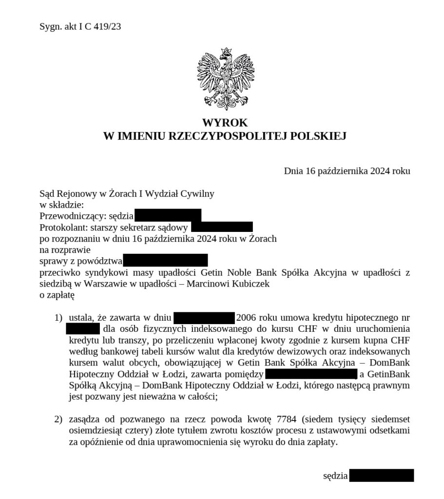 wyrok Sądu Rejonowego w Żorach - kredyt Getin nieważny