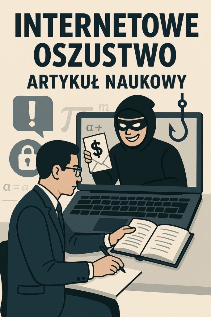 Internetowe oszustwo Grafika przedstawiająca naukowca pracującego na tematem oszustw z podpisem "Internetowe oszustwo artykuł naukowy"