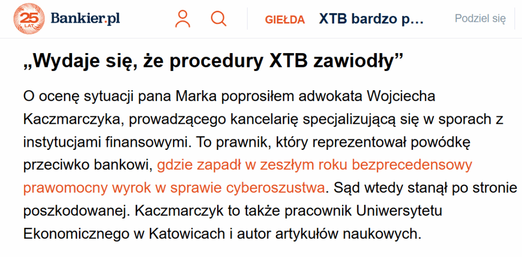 XTB włamanie fragment publikacji w Bankier.pl. XTB włamanie na rachunki inwestycyjne