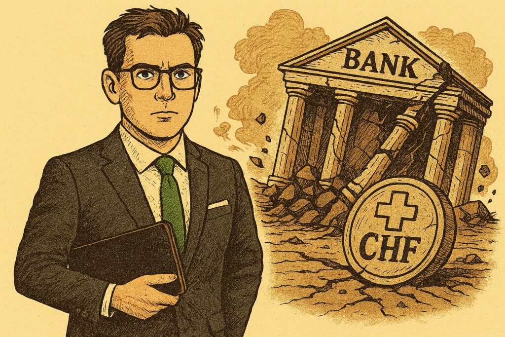 Obrazek przedstawiający mężczyznę przed siedzibą walącego się banku i symbolem CHF, co symbolizuje upadłość Getin Bank