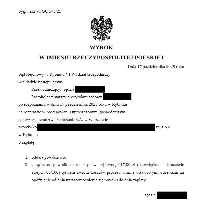 Treść wyroku (sprawa gospodarcza VeloBank)