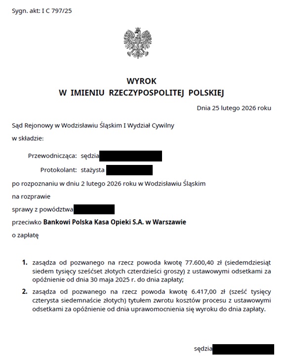 Wyrok Sądu Rejonowego w Wodzisławiu Śląskim (I C 797/25) zasądzający żądaną kwotę w oparciu o unieważnienie kredytu w złotówkach