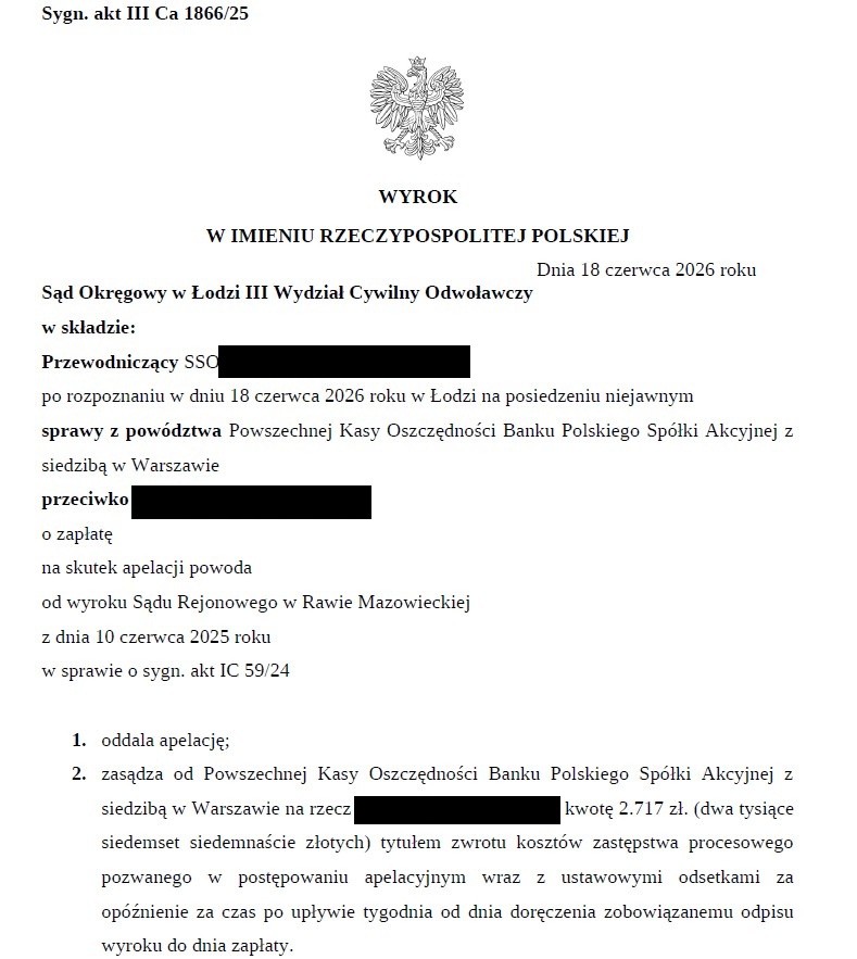 nieważność wyłudzonego kredytu - Wyrok Sądu Okręgowego w Łodzi Wyrok Sądu Okręgowego w Łodzi z dnia 18 czerwca 2026 roku (III Ca 1866/25) - oddalenie apelacji i nieważność wyłudzonego kredytu