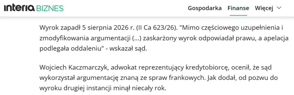 Interia Biznes II Ca 623/26 Interia Biznes screen artykułu opisujący precedensowy wyrok w sprawie prowadzonej przez adwokata Wojciecha Kaczmarczyka II Ca 623/26