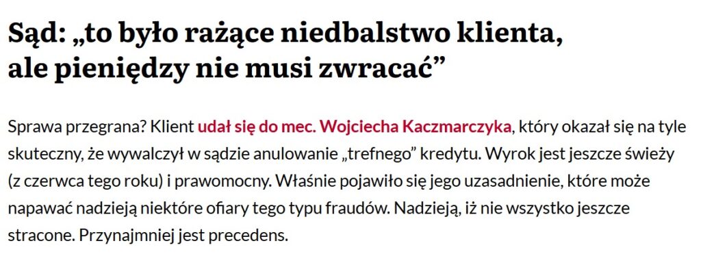 Subiektywnie o finansach – wpis red. Macieja Samcika opisujący precedensowy wyrok uzyskany przez adwokata Wojciecha Kaczmarczyka, III Ca 1866/25